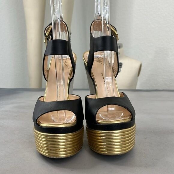 Giuseppe Zanotti Gold Black Leather Peep Toe Platform Sandals Pumps - Picture 3 of 11